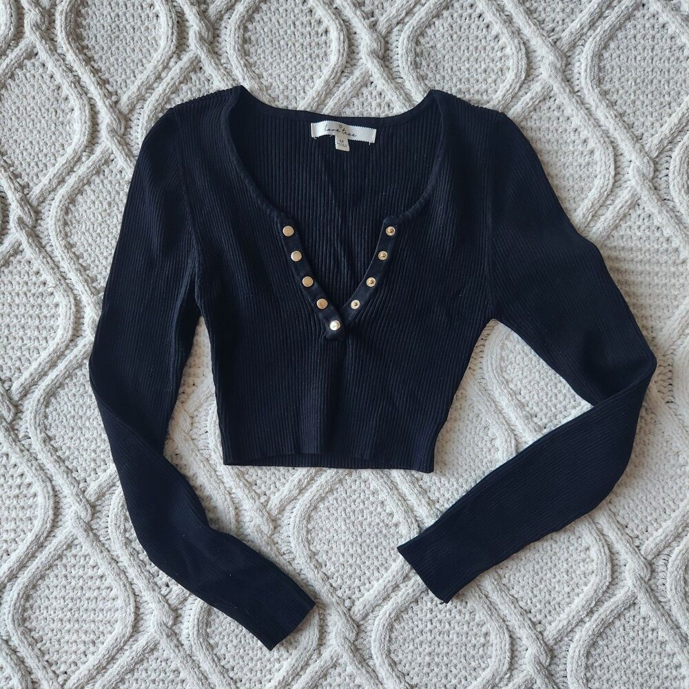 Love Tree Black Ribbed LS crop Top Size M